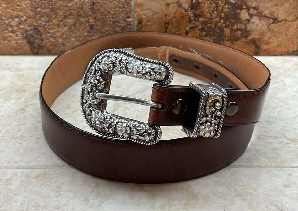 Belt Full Grain Leather Rhinestone Buckle Western 711123 Brown Size 30 - Image 3