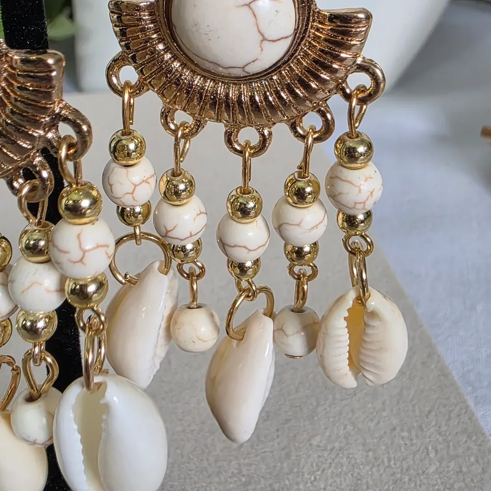Boho Gold Nature Stone and Seashell Drop Earrings - Image 4