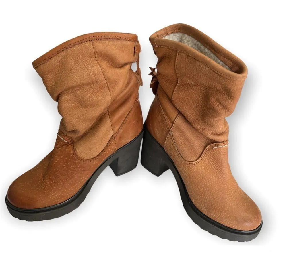 DNA Footwear Tan Pebbled Leather Faux Fur Chunky Heel Ankle Booties 8 Brown - Image 9