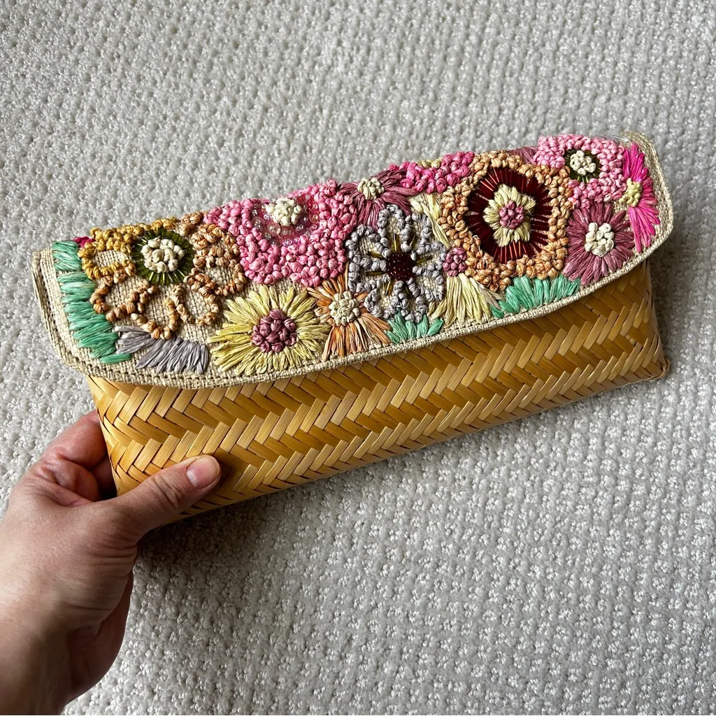Vintage Franchi Collection Straw Raffia Floral & Beaded Embroidered Clutch NWTs Yellow - Image 3