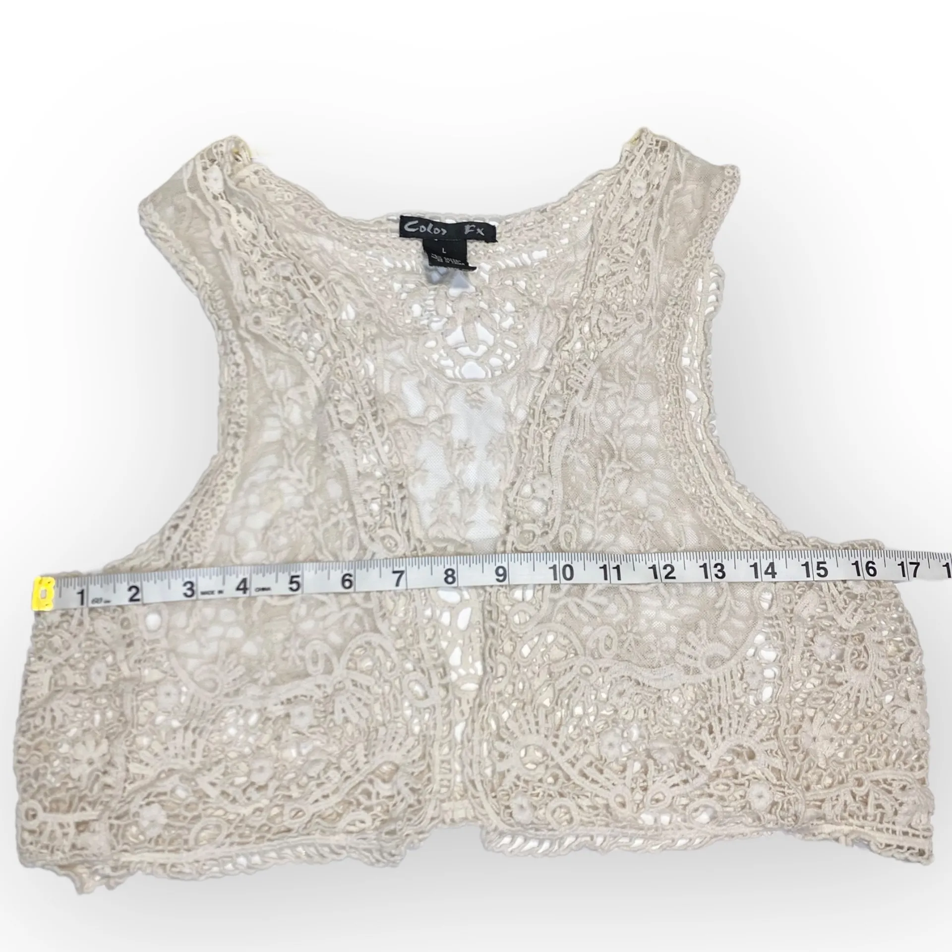 Color Fx Vest Womens Size Large Cream Y2K Lace Crochet Open - Image 6