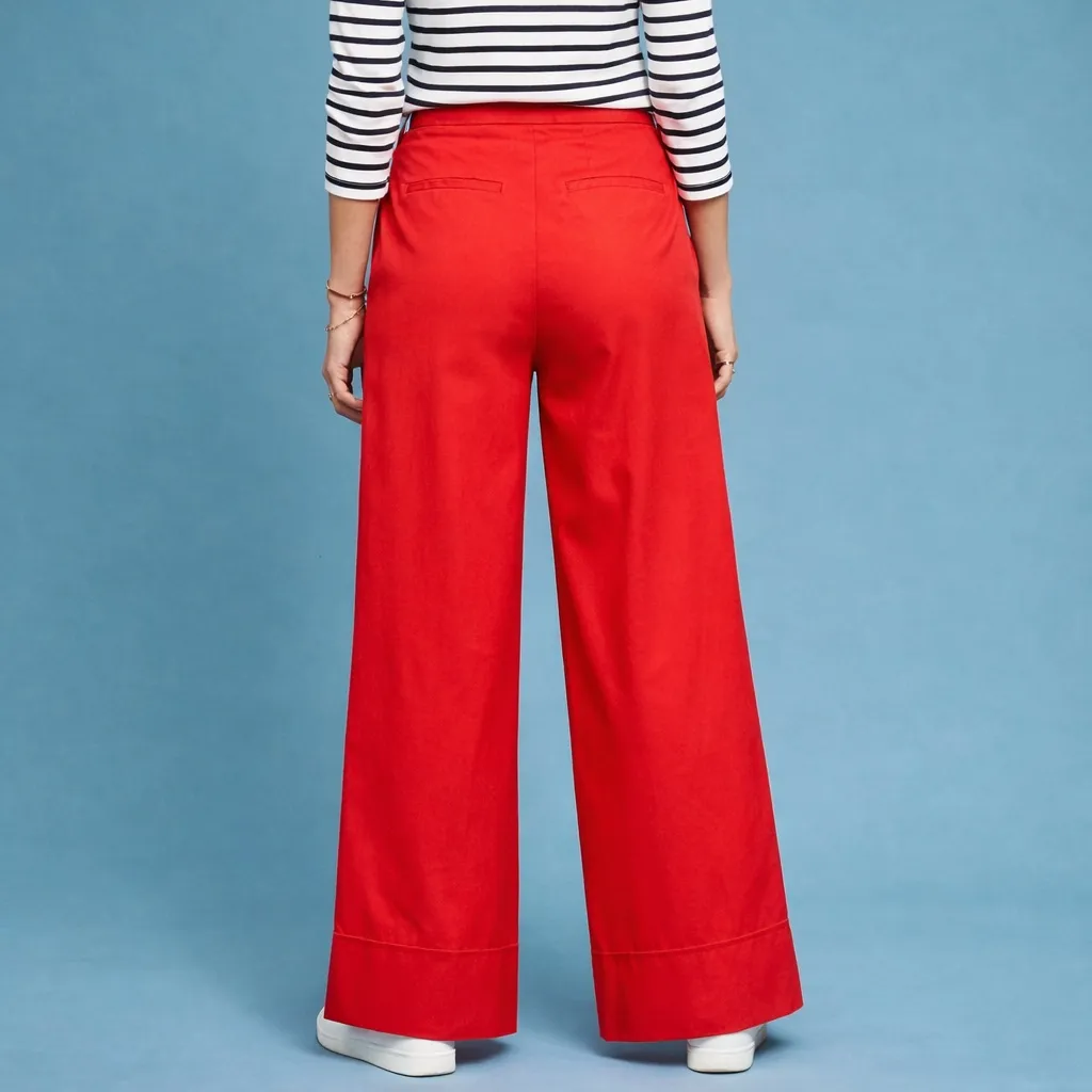 Anthropologie Red Wide Leg Cuffed Pants Cotton Poplin High Rise Trouser Size 6 - Image 4