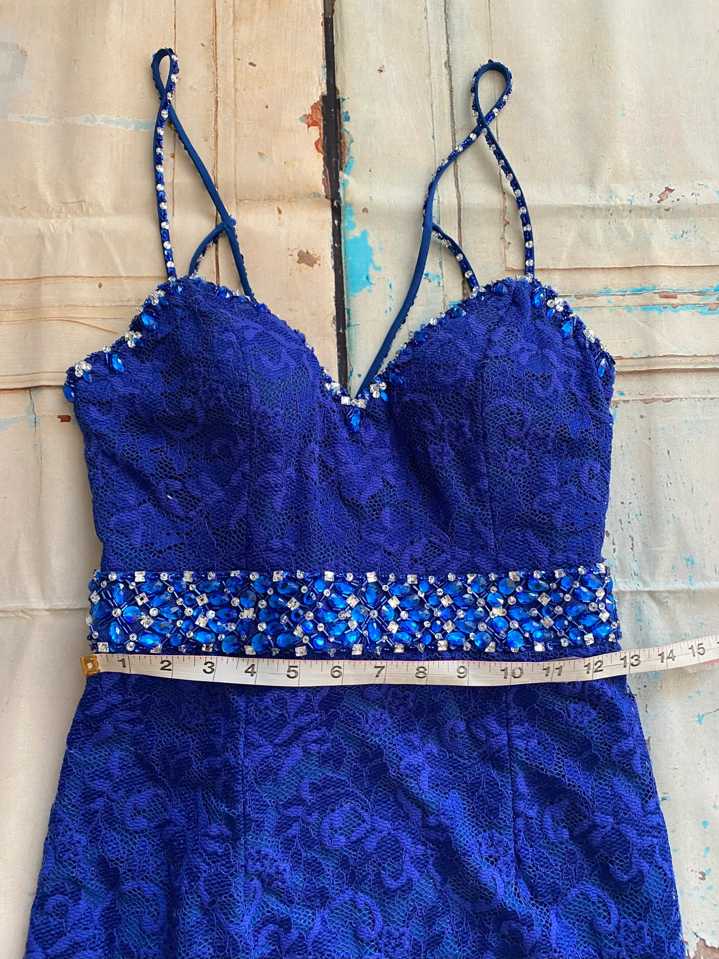 by madeline gardner Sleeveless Strappy Back Royal Blue Lace Dress Sz 10 - Image 11