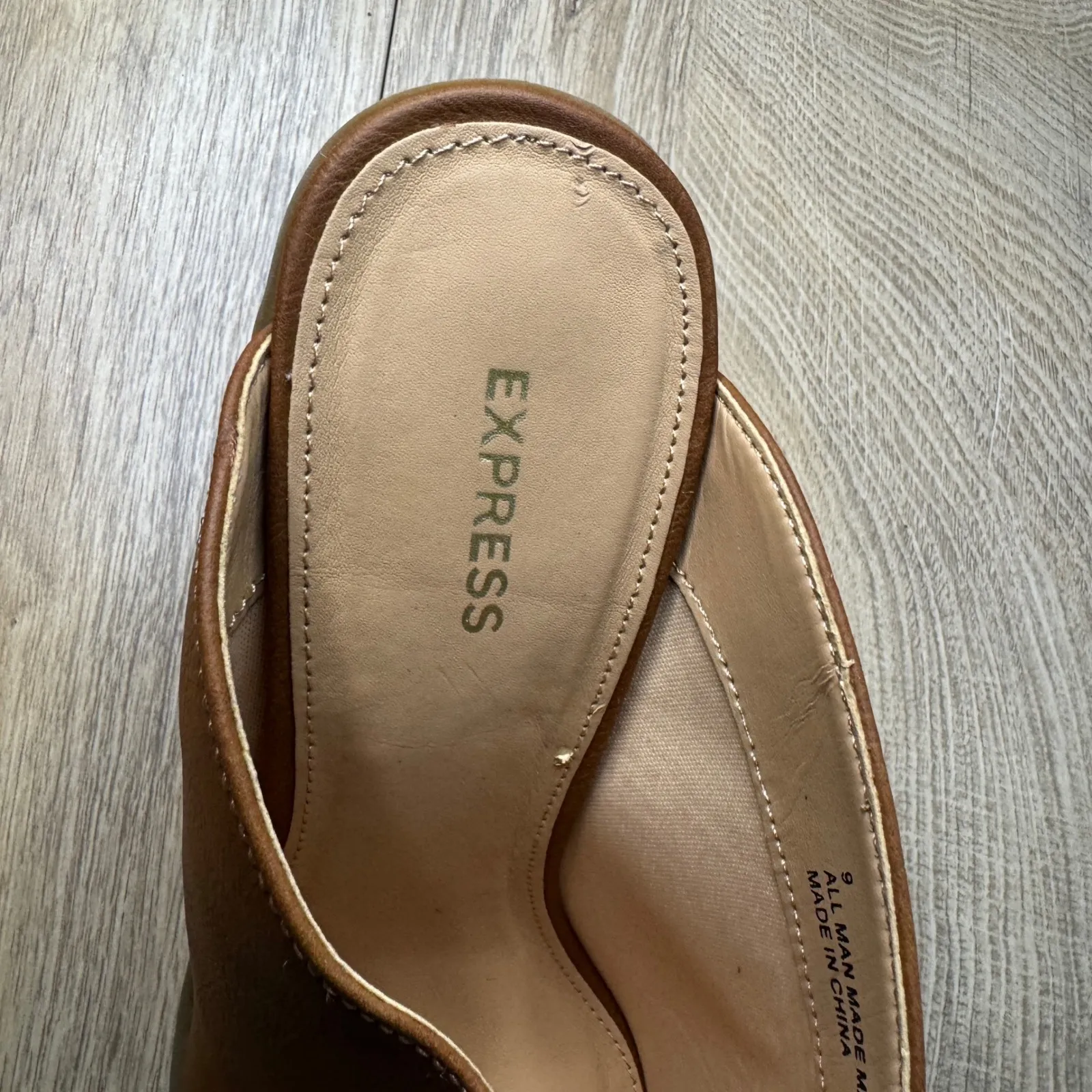 Express Shoes Tan Block Heel Mules Women Size 9‎ Western Stitch Detail Slip On - Image 7