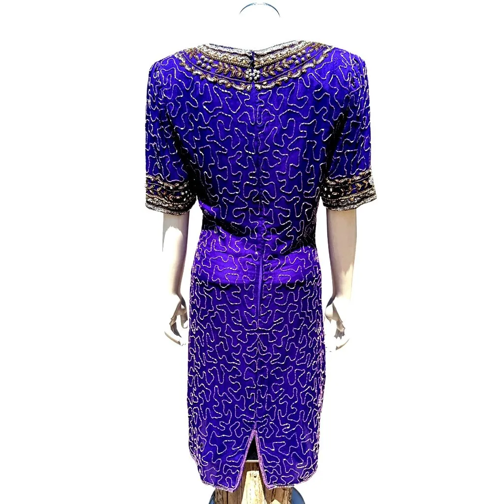 All Silk Vintage Dress by Lawrence Kazar Med Purple Beaded Cocktail Dress Glam Size 8 - Image 5