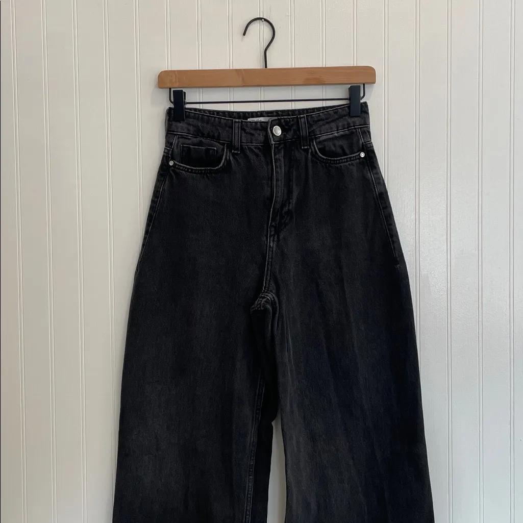 ZARA High Rise Wide Leg Cotton Denim Jeans in Washed Black Size 2 - Image 8
