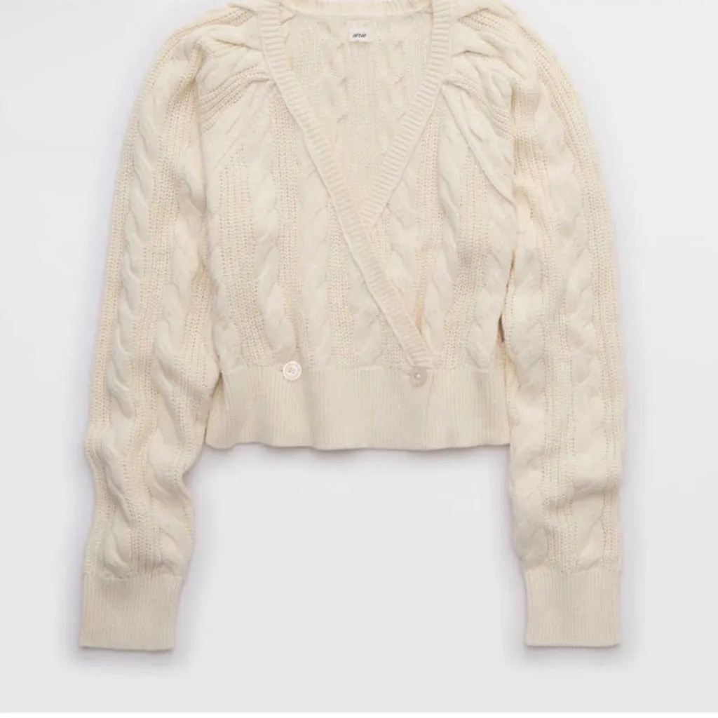 Aerie Chunky Knit Puff Sleeve Cropped Cardigan Sweater Ivory Cream White Trendy - Image 3