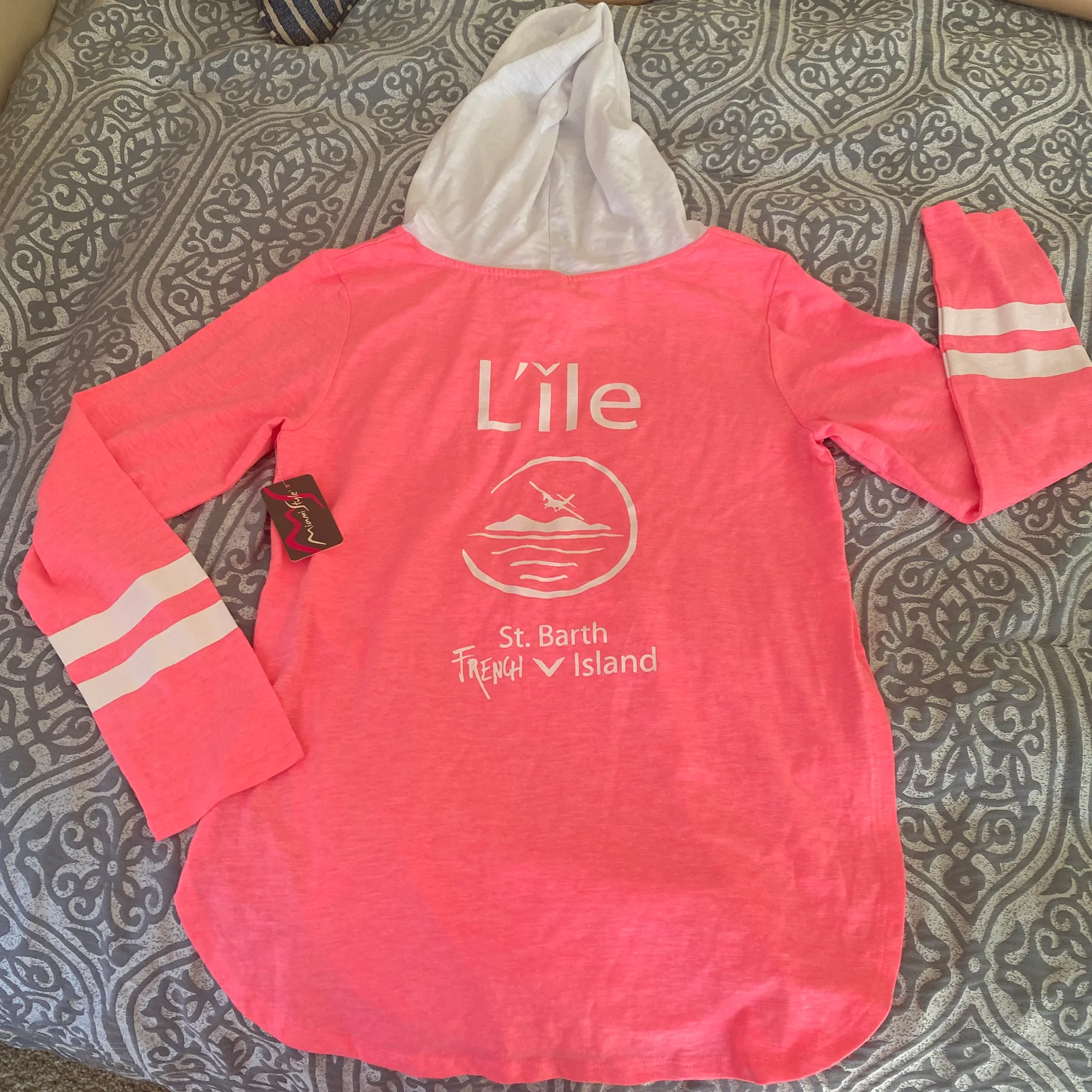 love this product Neon Pink & White Split-Hem Varsity Stripe Hoodie - Women - Image 4