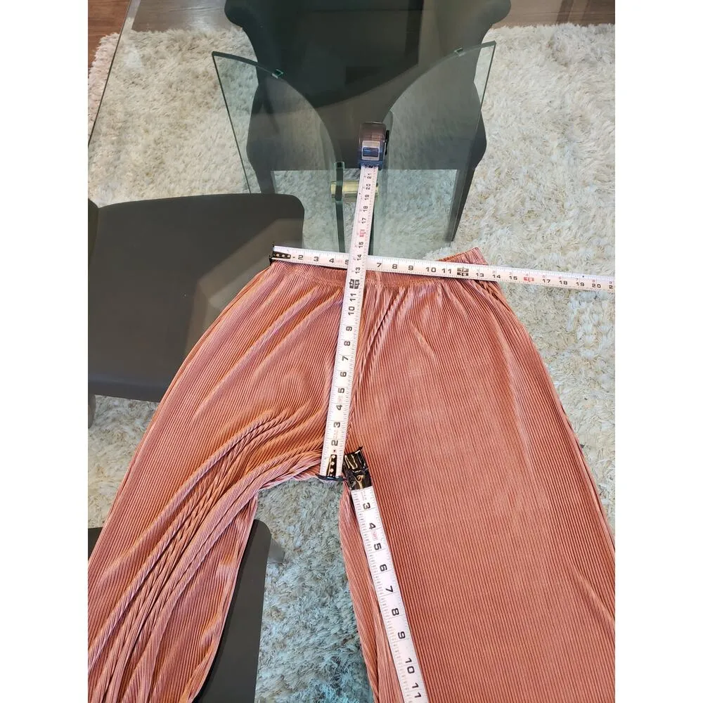 Women Pleated Lounge Set XL Pink Long Sleeve Button Top Wide Leg Pants 2 Piece - Image 5