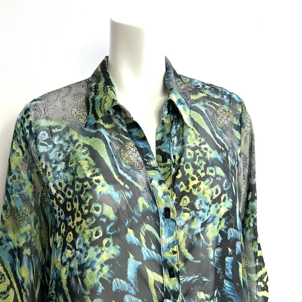IC by Connie K Peacock Print 3/4 Sleeve Sheer Pockets Blouse Womens Medium Blue - Image 3