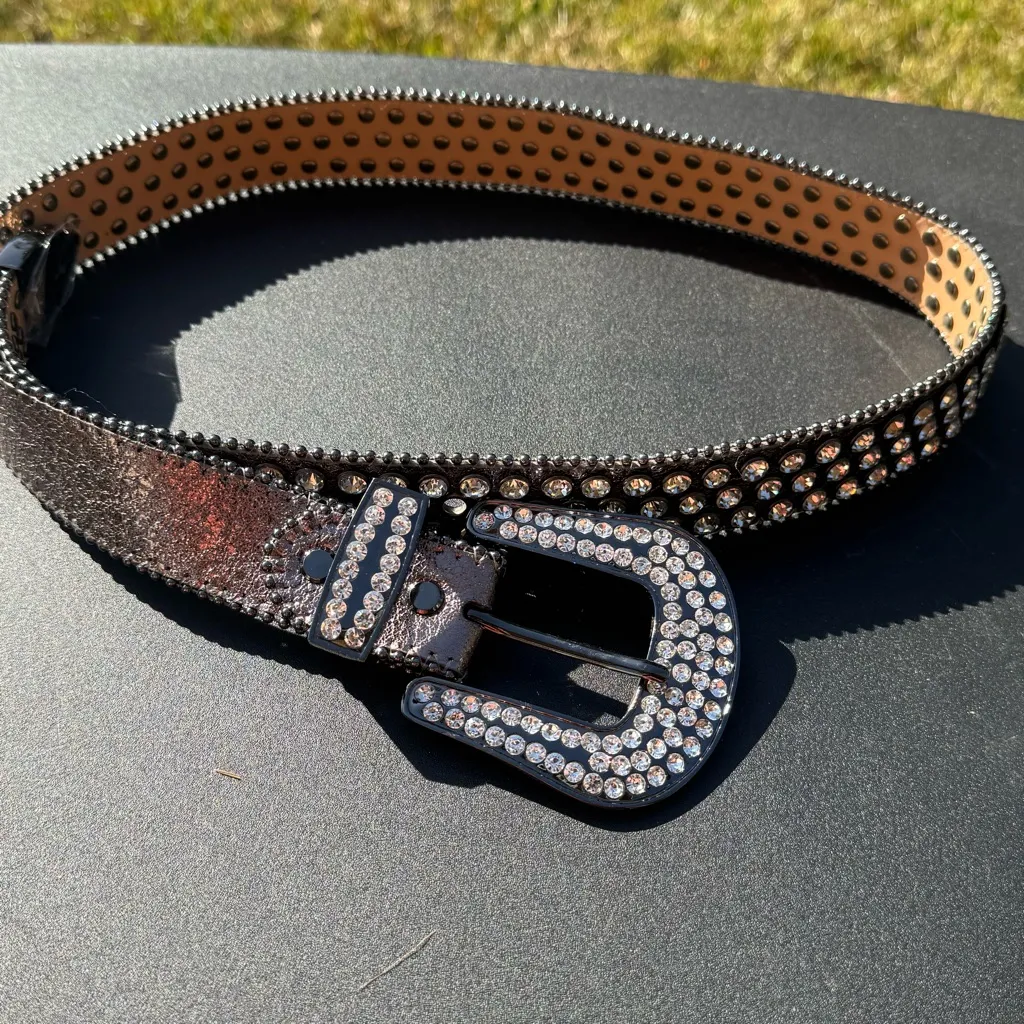 Paper Money Crystal Embellished Black Gunmetal Belt Size 34 - Image 11