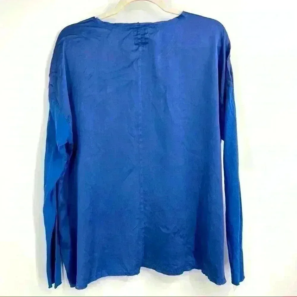 Go > By Go Silk Blue Silk Top W/ Linen Sleeves‎ And Raw Hem. Size Small - Image 2