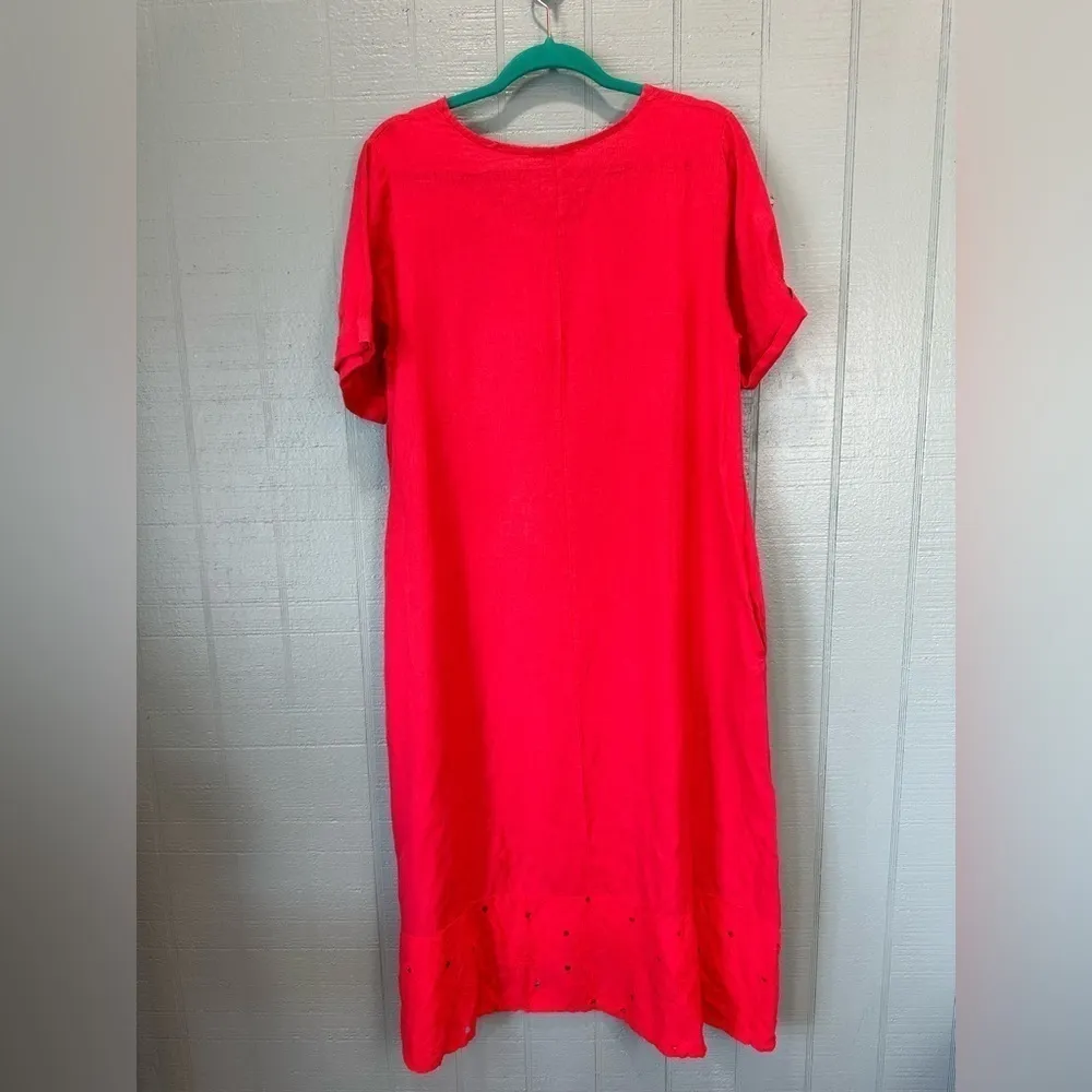 Rosemarine Made In Italy 100% Linen Red Embroidered Eyelet Hem Dress Size Medium - Image 6
