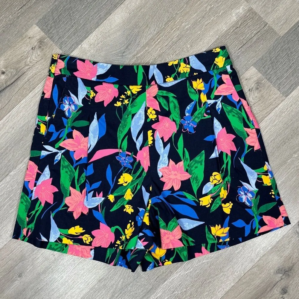 J. Crew Tropical Floral Pleat Front High Waist Chino Shorts Blue Multi 8 - Image 3
