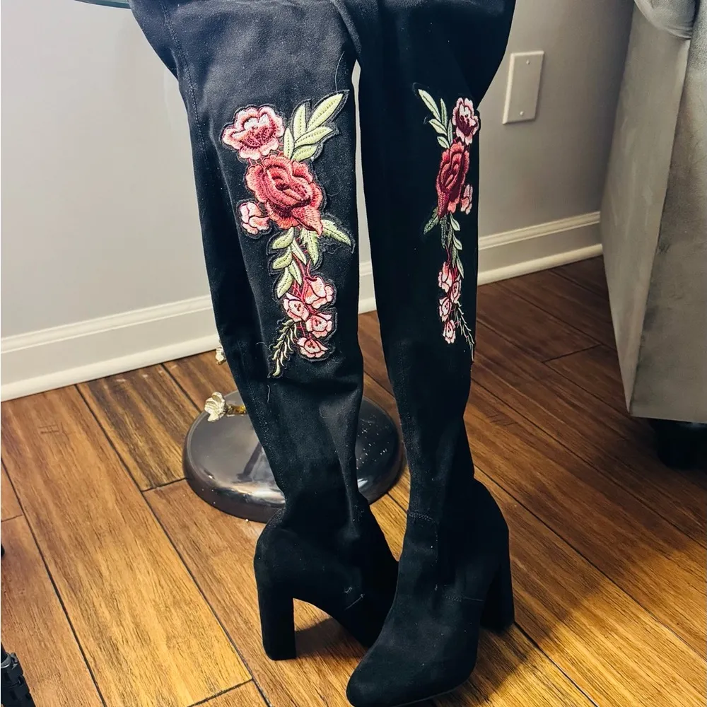 Black Rose Embroidered Over the Knee Faux Suede Boots - Image 5