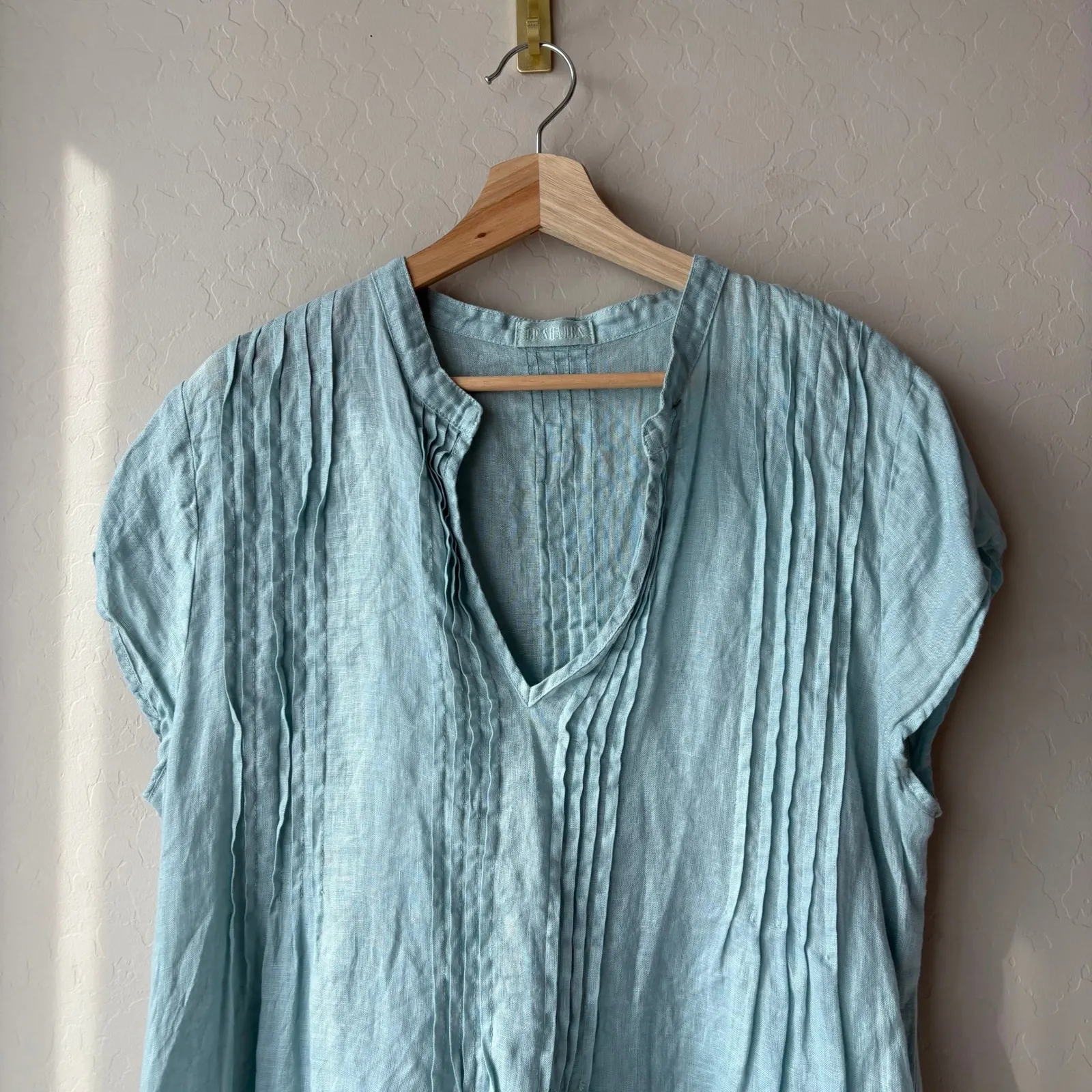 CP SHADES Linen Tunic Dress Regina Pleated V-Neck Short Sleeve Dress Size L - Image 3