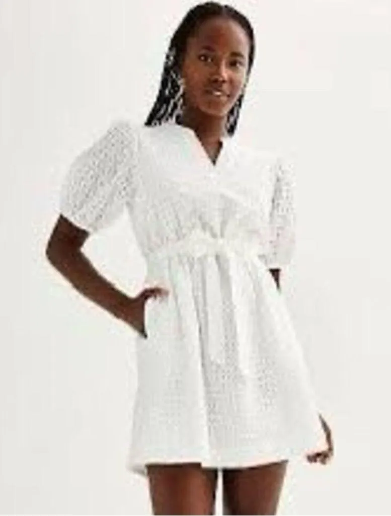 Draper James RSVP Eyelet XS White Textured Puff Sleeve Dress Tie Waist NWOT - Image 2