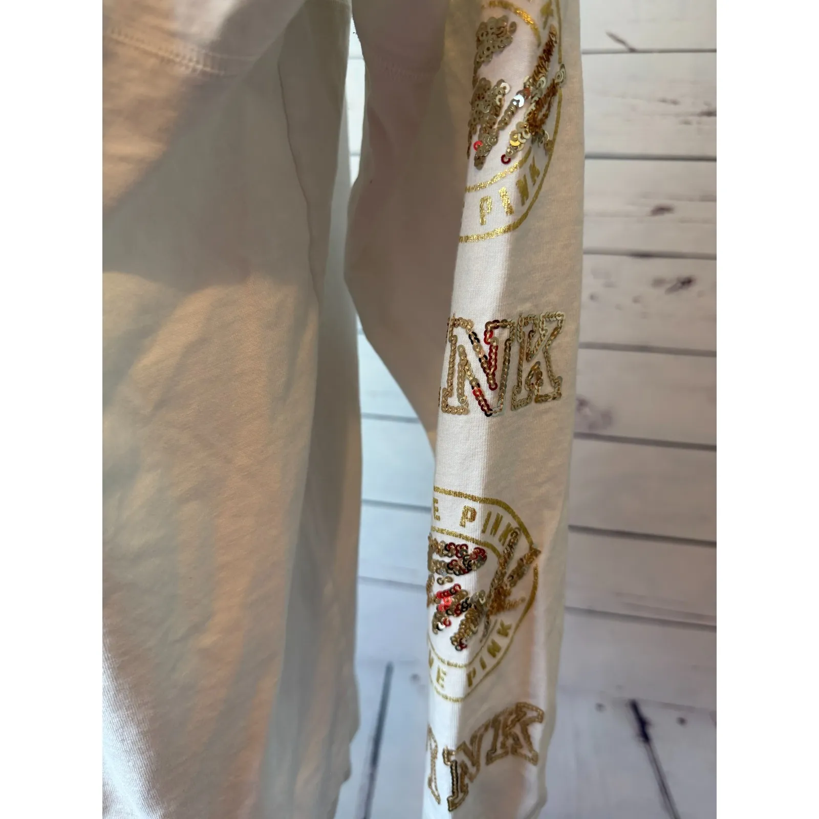 PINK Victorias Secret Long sleeve shirt Small Gold Sequins Bling Sweatshirt Top - Image 2