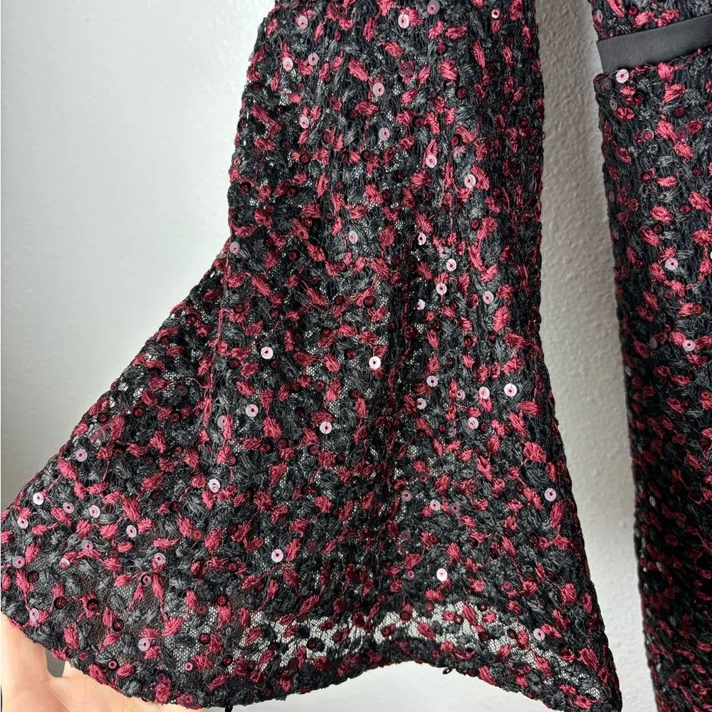Carmen Marc Valvo‎ Infusion 6 Red Black Sequin Lace Bell Sleeve Dress NWT - Image 4