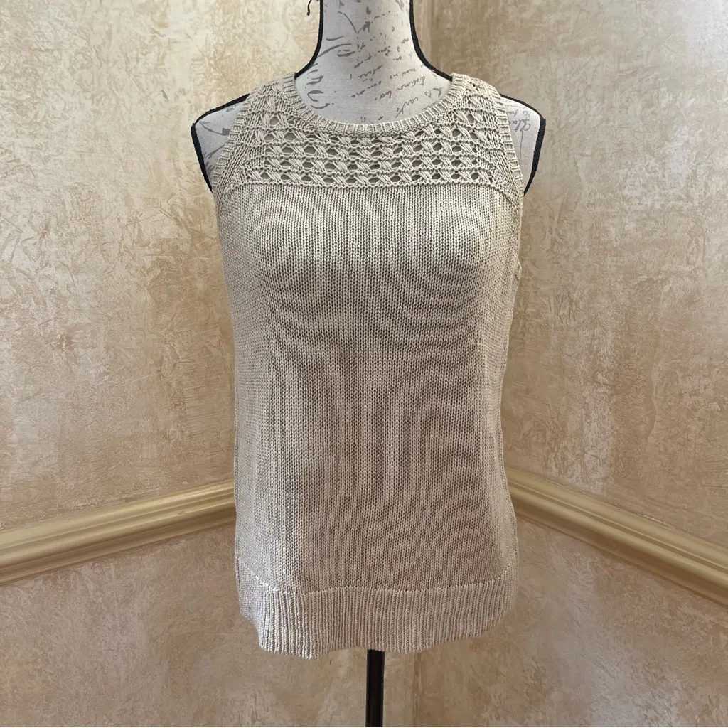 Loft Chunky Crochet Knit Sleeveless Sweater Tank Romantic Beige Sz LP - Image 2