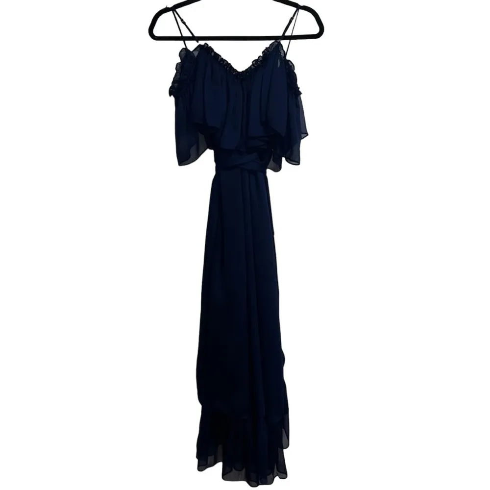 Tayla Navy Ruffle Off The Shoulder Midi Wrap Dress - Image 7