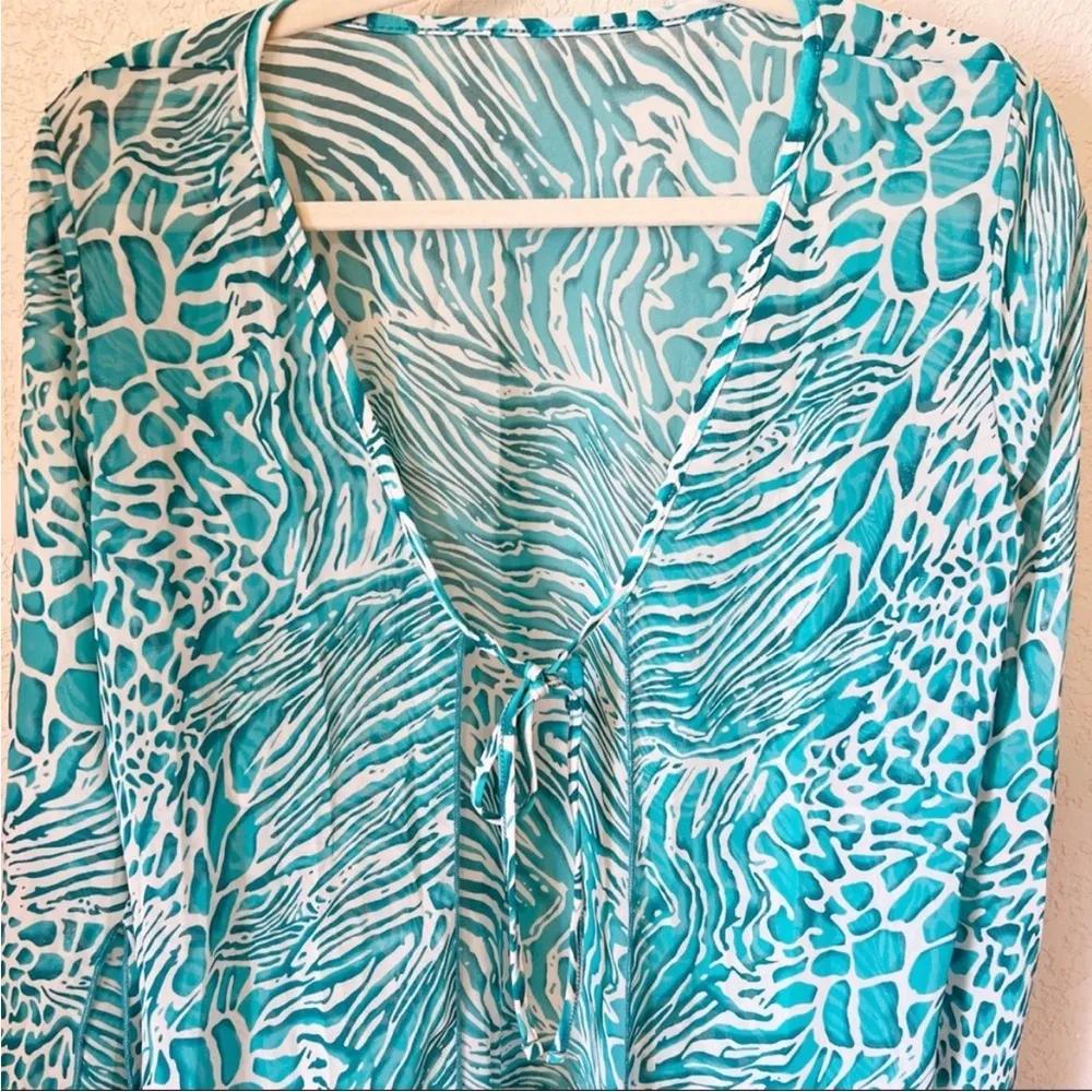 Turquoise Animal Print Sheer Swimsuit Coverup - Image 3