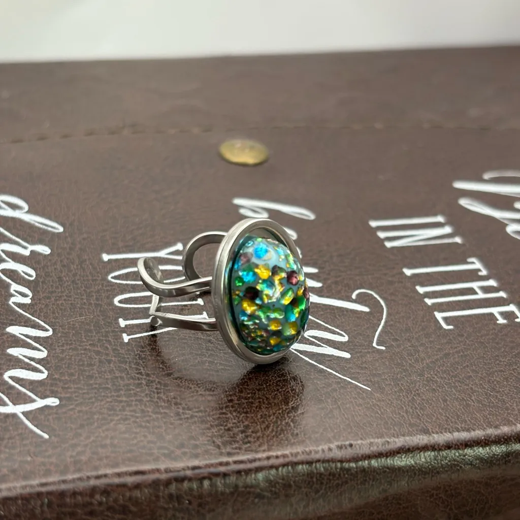 Vintage 60s Glass Cabochon Adjustable Ring Stainless Steel Band Handmade Silver - Image 5