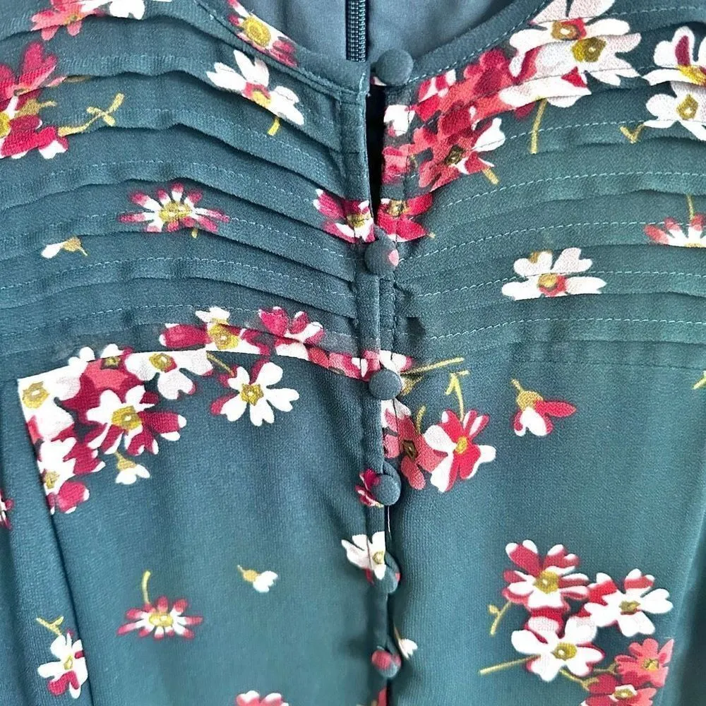 MADEWELL | Sheer-Sleeve Pintuck Ruffle Dress in Spruce Blooms Floral | Size 4 - Image 6