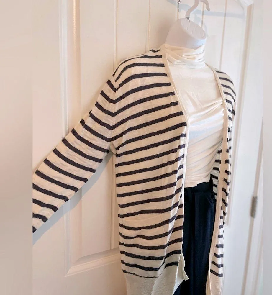 Ann Taylor Navy Blue & White Knit Stripe Sweater Cardigan in EUC Sz Small - Image 4