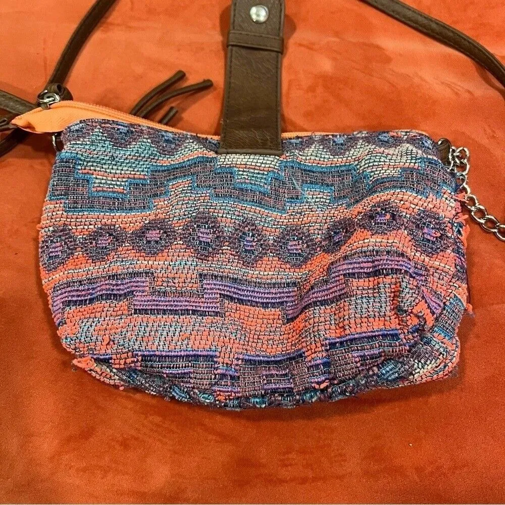 Vintage Boho Woven Patchwork Festival Crossbody Bag Aztec Textile Chain Purse Orange - Image 9