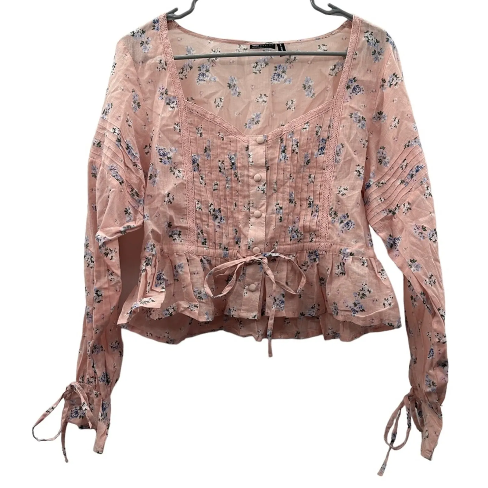 ASOS Design Pink‎ Floral Print Button Up Pleated Long Sleeve Peasant Top Size 6 - Image 3