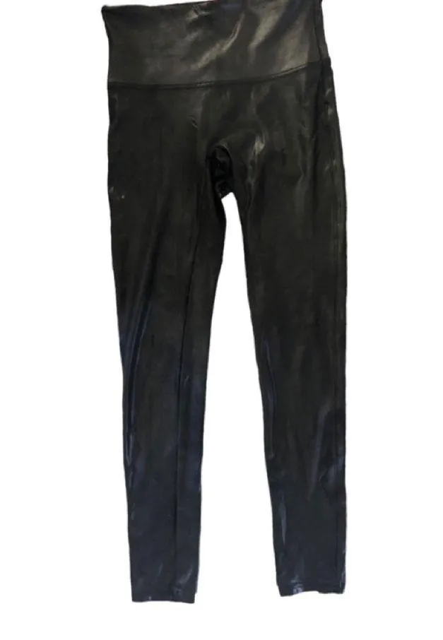 Faux Leather Leggings Black  L 10/12 Pull On Style Wide Waistband Stretch - Image 2