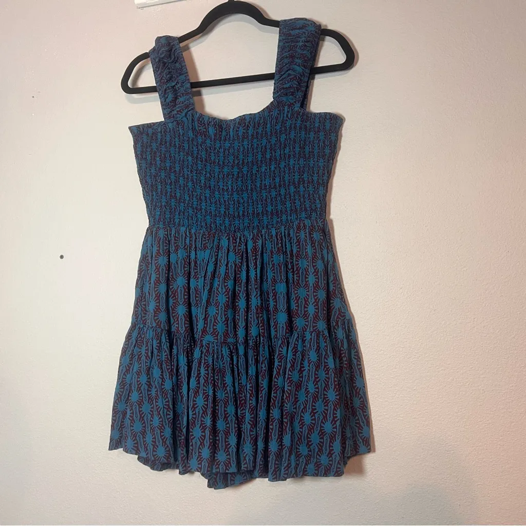 Free People Sweet Annie Cotton Mini Dress Blue Smocked Sleeveless Size Medium - Image 13