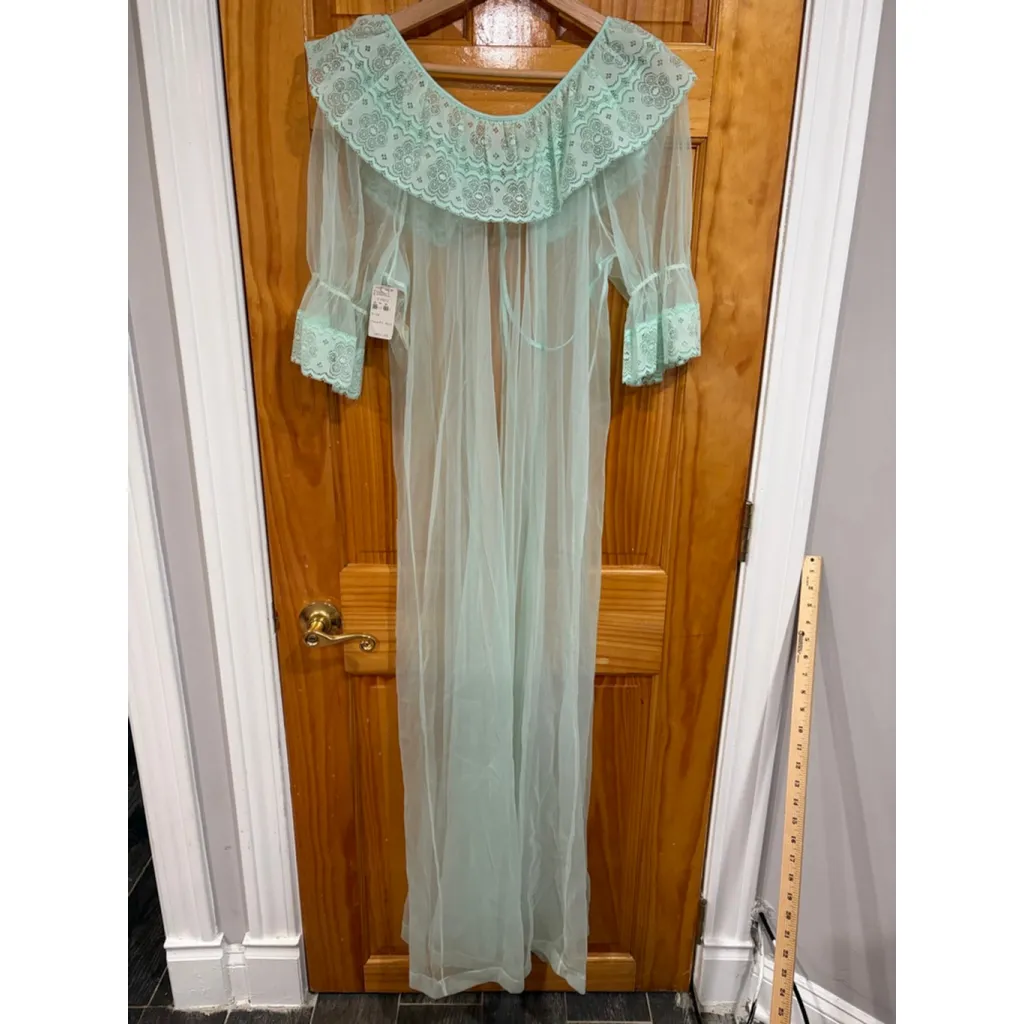 Vintage Sears Mint Green Sheer Lace Peignoir Nightgown Set 60s 70s SM - Image 5