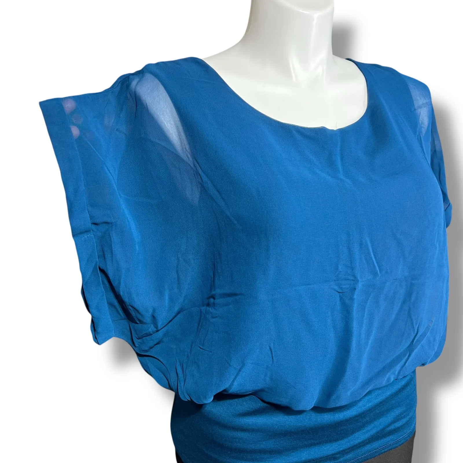 Y2K Joseph A Womens Blouse Top Shirt Lined Sheer Chiffon Wide Waistband Teal XL - Image 6