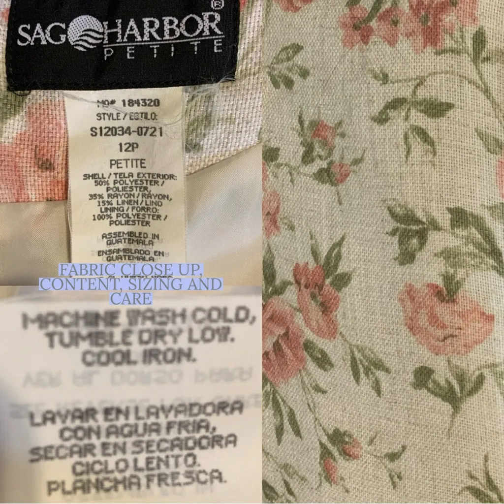 VINTAGE 1990'S SAG HARBOR PETITE BEIGE, PINK & GREEN FLORAL PRINT DRESS (12P) - Image 11