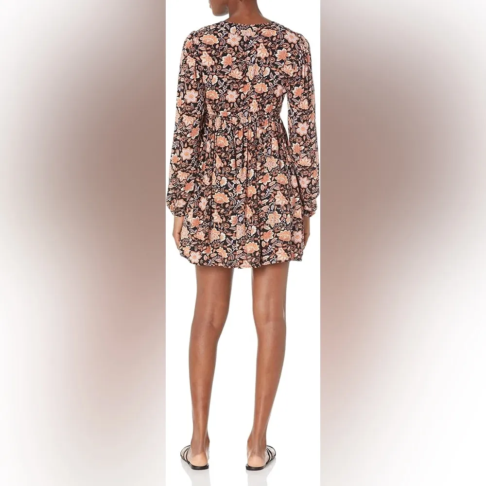 Billabong Sweetest Dream Floral Mini Dress Black Pebble Long Sleeve L - Image 6