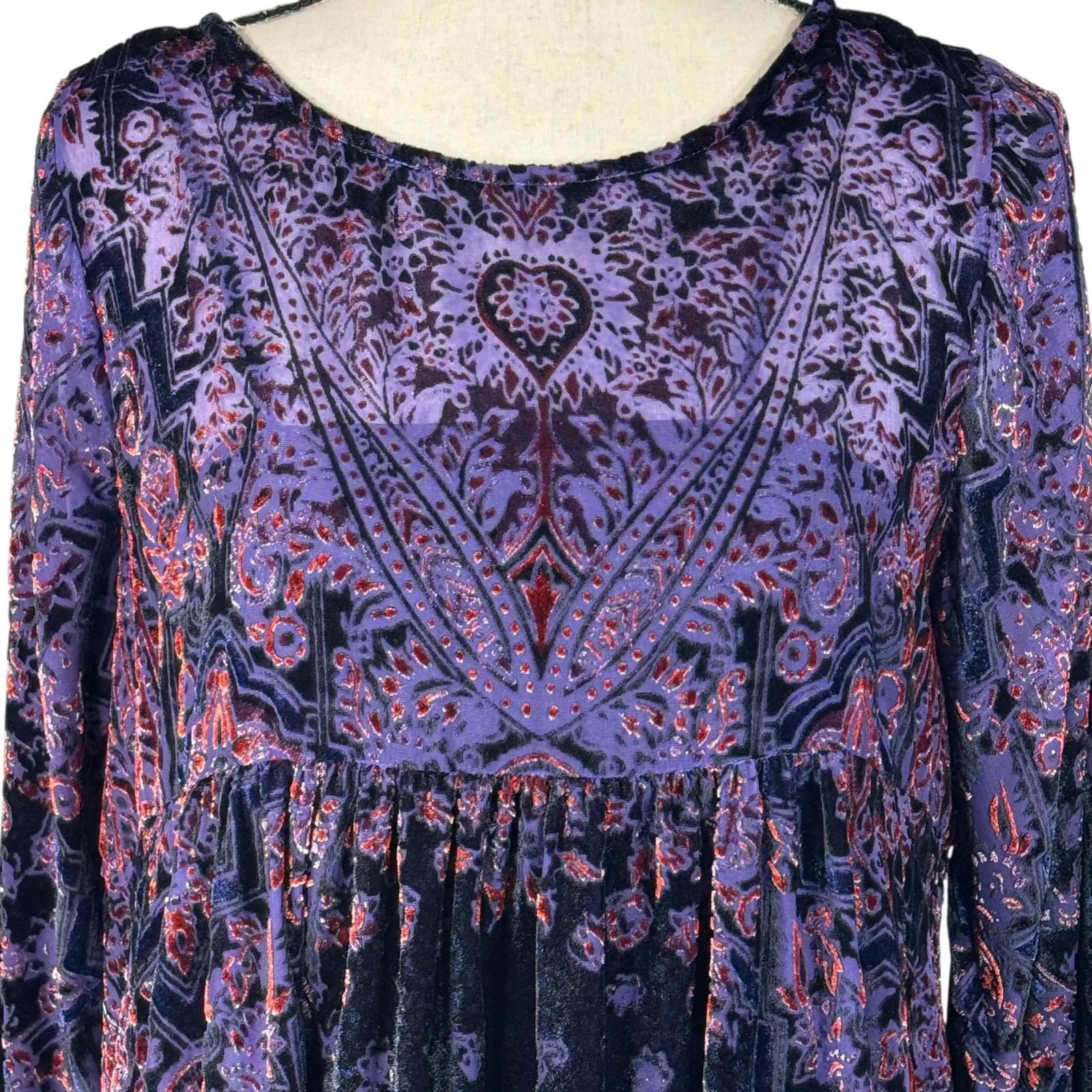 Free People Small Mirror Mirror Velvet Mini Dress Babydoll Lined Long Sleeve - Image 2
