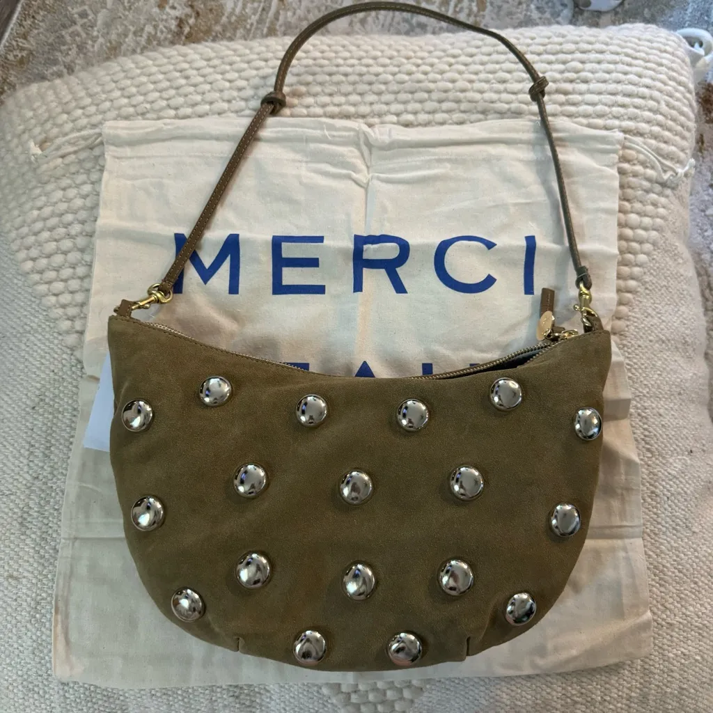 CLARE V Lune Shoulder Bag Oat Suede with Studs Studded Handbag NWT Green - Image 3