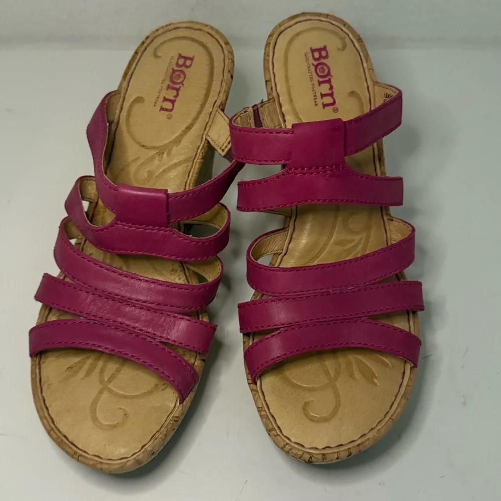 BORN Lisi Raspberry Pink Leather Cork Strappy Slip On Wedge Sandals Size 6 - Image 2