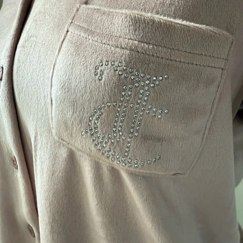 Juicy Couture Silky Soft Pink Velour Silver Bling Stud Cropped Button Up M - Image 5