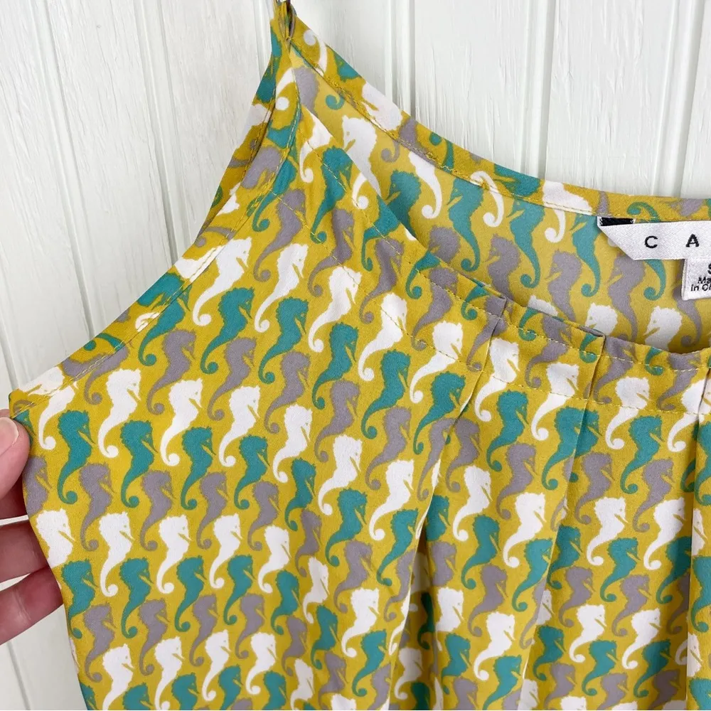 CAbi 411 Seahorse Novelty Print Pleated Camisole Tank Top Size Small Yellow Teal - Image 6