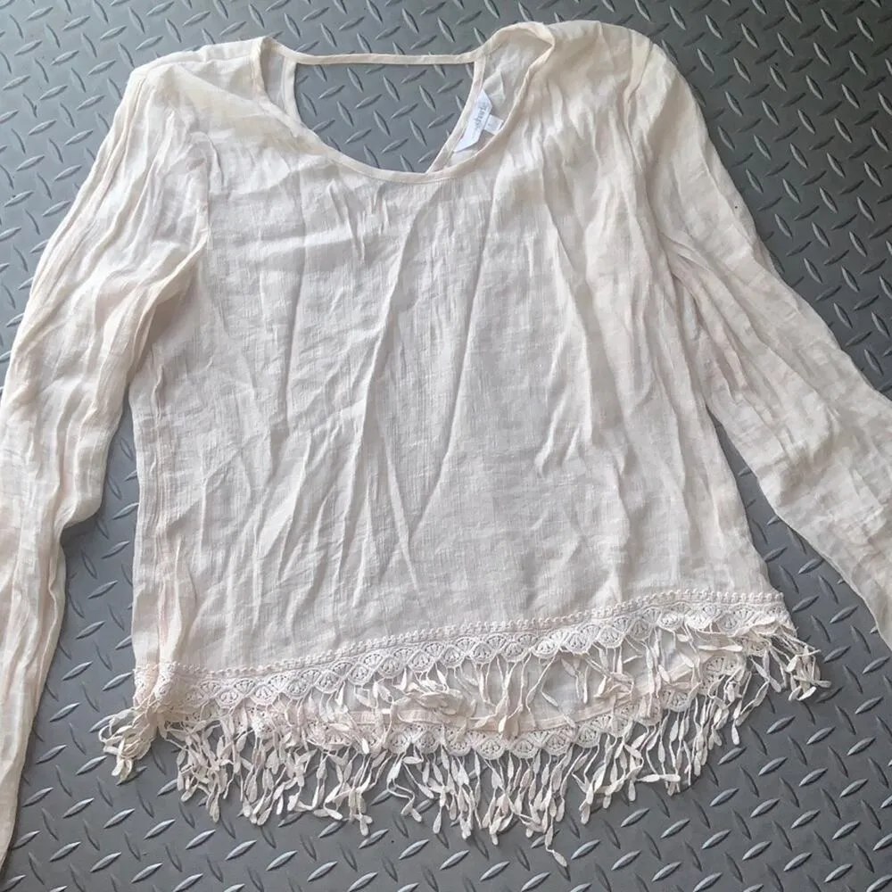 Charming Charlie top boho fringe long sleeve blouse L holiday fall winter casual - Image 2
