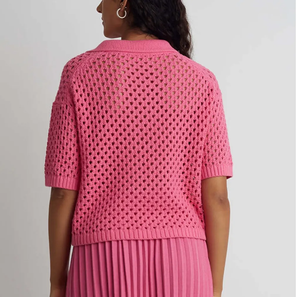 Sincerely Jules open knit Pink Sweater shirt sleeves Polo cotton blend Sz XL - Image 2