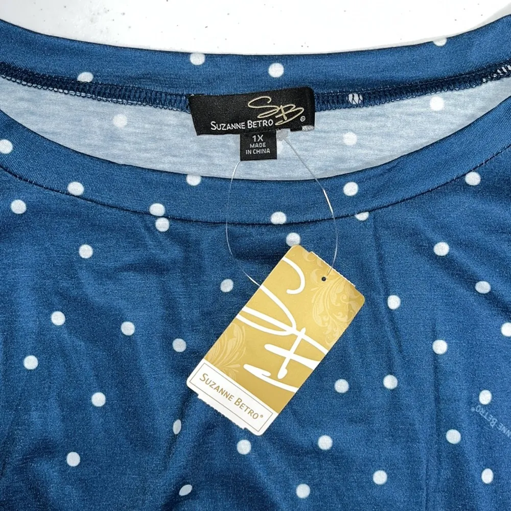 SB Suzanne Betro NWT Size 1X Baltic Blue & White Polka Dot Pleated Blouse Top - Image 6