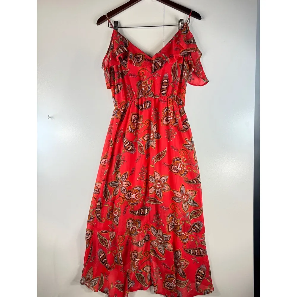 eyeshadow Red Floral Print Dress Ruffle Sleeve Summer Casual Size S - Image 13