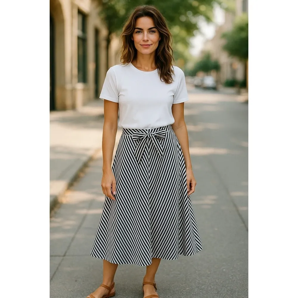 Madewell Striped Tie Waist A-Line Midi Skirt Career Casual Chic Size 6 - Image 4