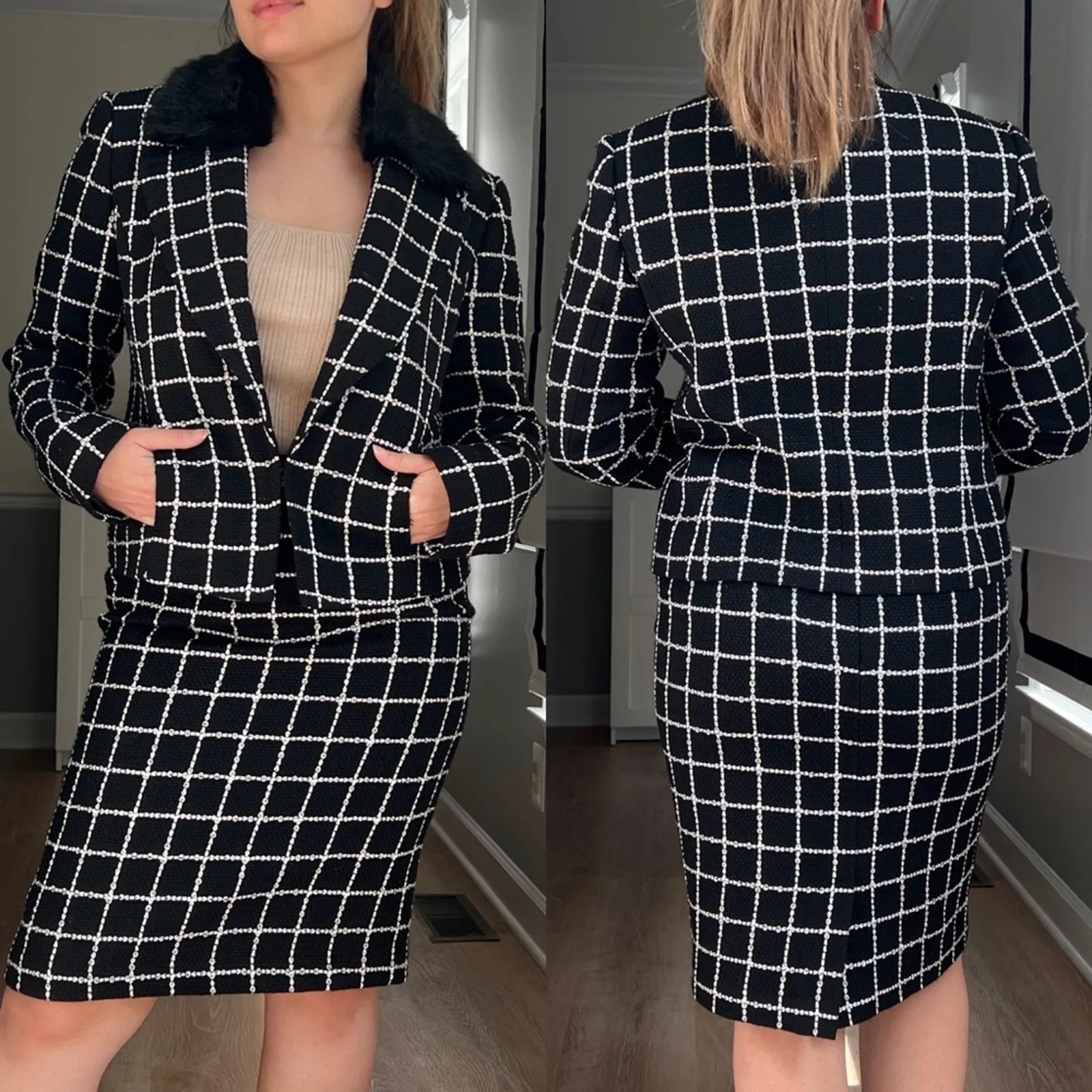 Nine West Tweed Black White Plaid Jacket and Skirt Set 6/8 Faux Fur - Image 2