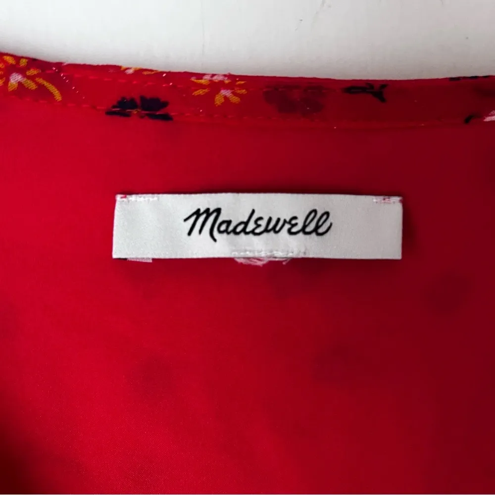 Red Metallic Prairie Floral Posies Tiered-Sleeve Peplum Top S - Image 7