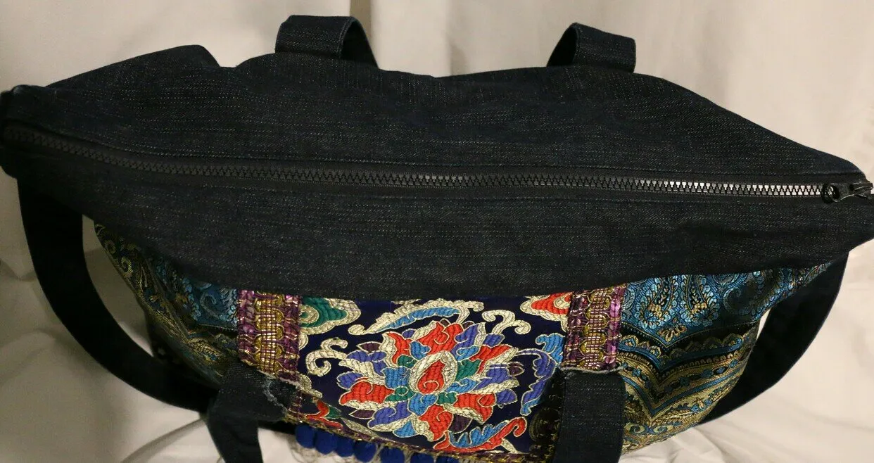 Denim Overnight Messenger Bag Ethnic Embroidery Travel Carry On Weekender Large Tote with Fringes - Image 6